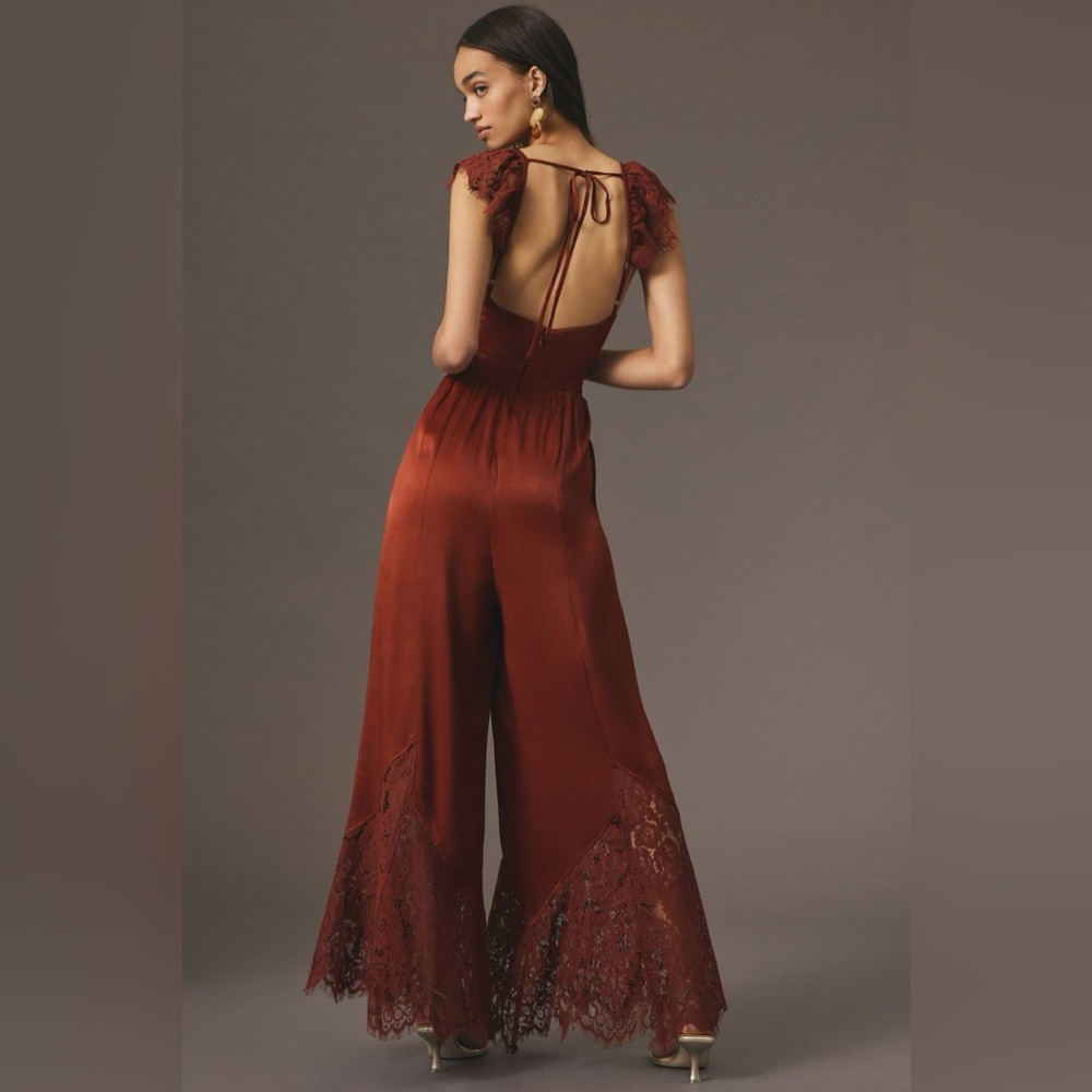 By Anthropologie Lace Mix Jumpsuit red rusty brown 2